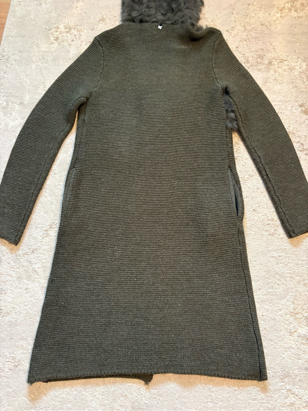 RUDSAK Olive Green Knit Longline Cardigan Real Fur Hood Duster Size Medium - Picture 13 of 16